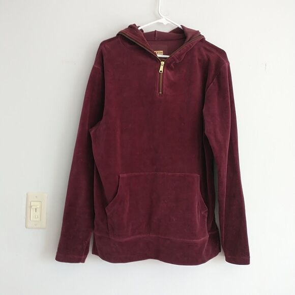Kith Sweatshirt Hoodie Unisex S/M*Burgundy Velour Pocket 1/4 Zip Slit Streetwear